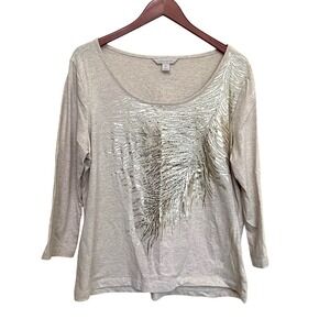 Laura Ashley Womens XL Tan Heather Gold Sequin Feather Graphic Top 3/4 Sleeve